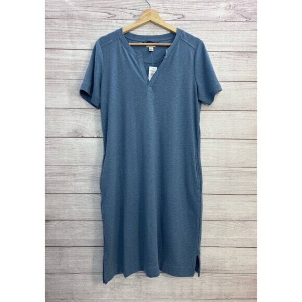 LL Bean Rocky Coast Slub Knit Split Neck Dress, NWT, Blue, Size MEDIUM